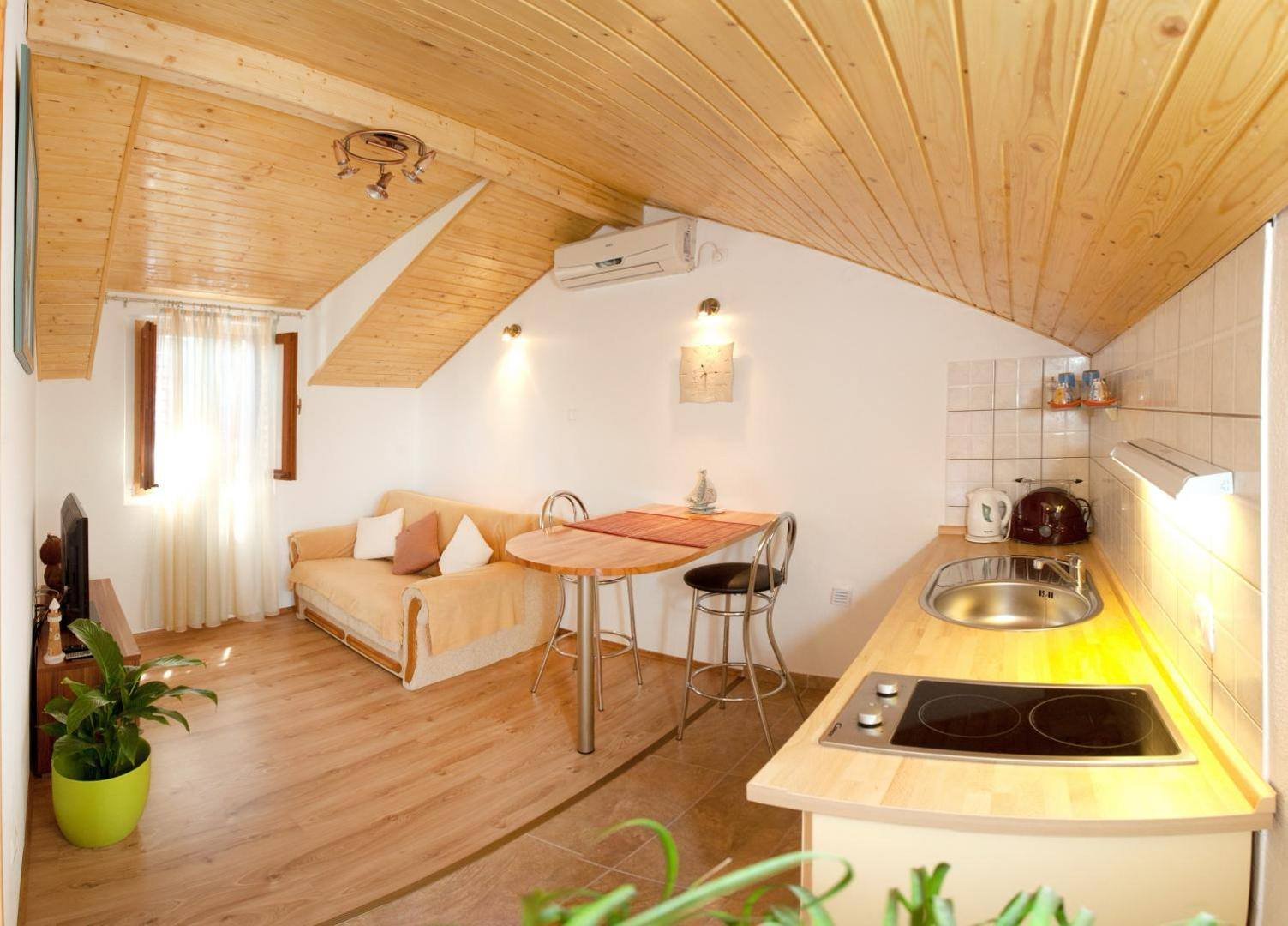 Attic apartment with a pine ceiling, a sofa and a kitchenette