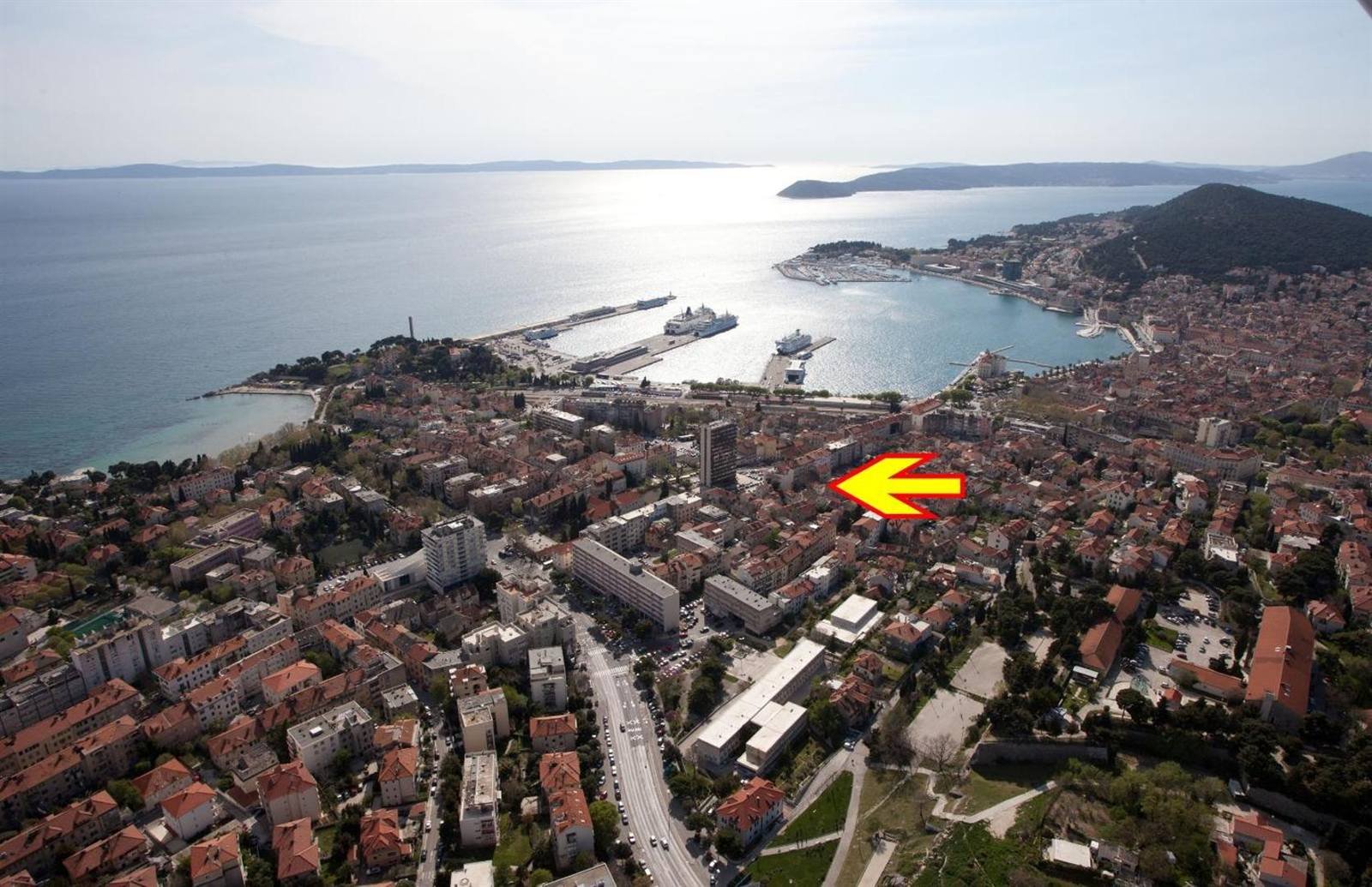 Aerial view of Split with an arrow marking where House Sandra is, a short walk from the port